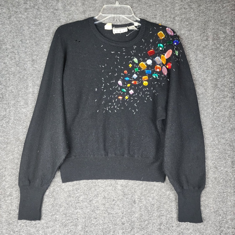 Ann Tjian for Kenar Sweater Women L Black Vintage‎ Lambswool Beaded Rhinestone